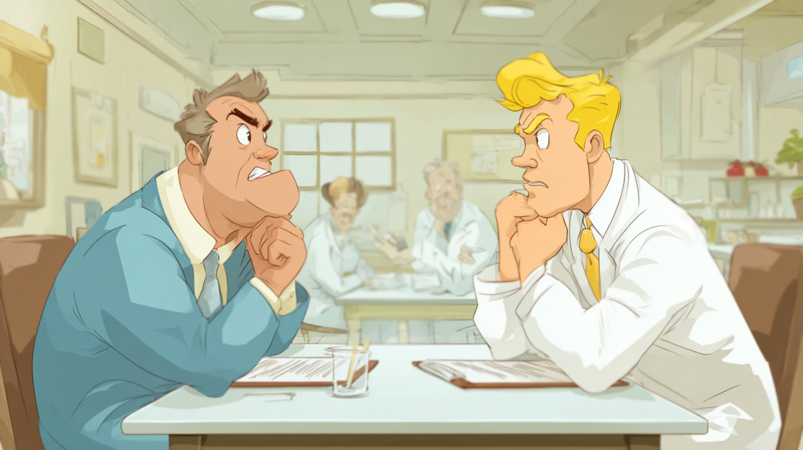 Cartoon illustration of two stern-faced professionals arguing across a table in a lab or clinic setting, with documents and scientists in the background