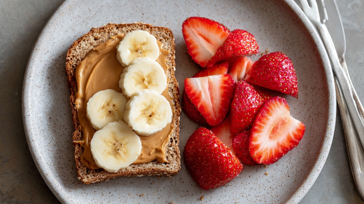 Plate with whole grain toast topped with peanut butter and banana slices, served with fresh strawberries on the side