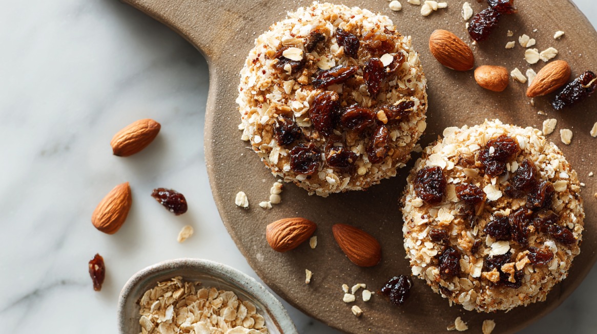 Two rice cakes topped with almond butter, oats, and raisins, surrounded by scattered almonds and oats on a wooden board