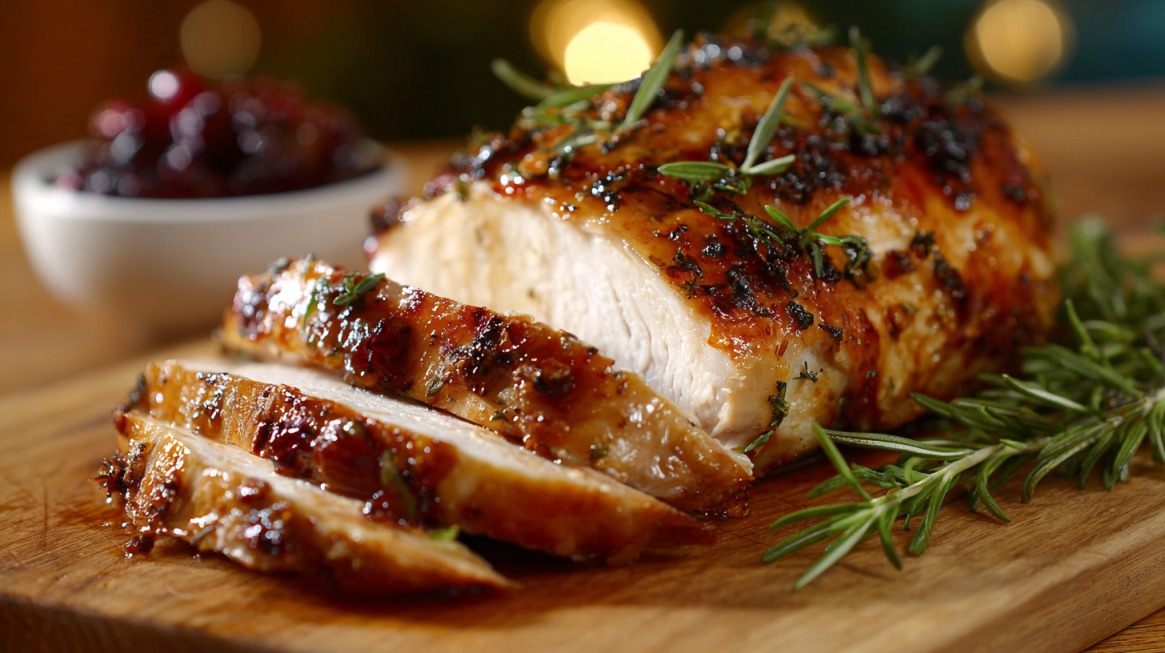 Sliced roasted turkey breast with a golden herb crust on a wooden board, garnished with rosemary and served with cranberry sauce in the background