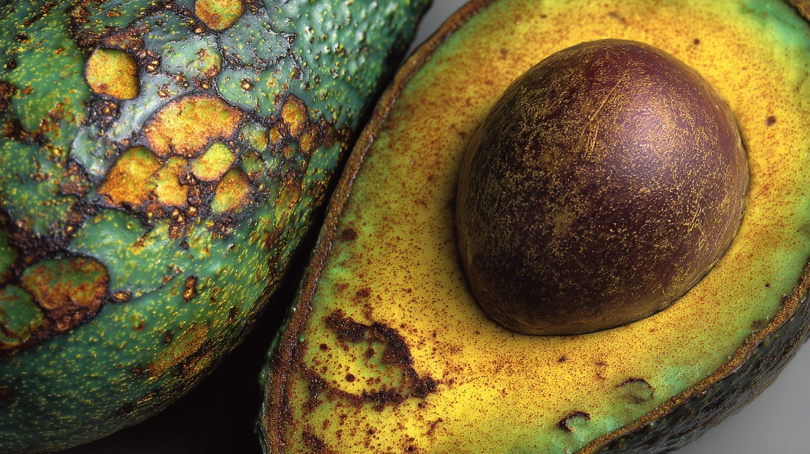 Close-up of an avocado with dark, patchy, and sunken skin and discolored flesh, indicating spoilage