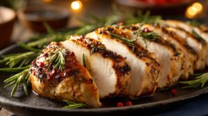 Sliced herb-crusted roasted turkey breast on a serving platter, garnished with rosemary and festive lighting in the background