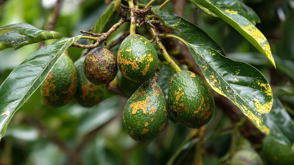 Avocados on a tree showing signs of spoilage with brown and yellow patches on their skins and leaves