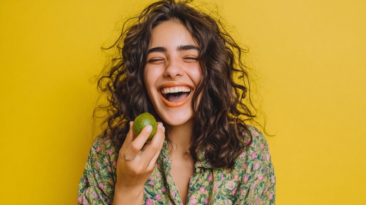 Smiling person holding a small avocado or lime against a bright yellow background, mid-laugh