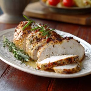 Sliced roasted turkey breast on a serving platter, garnished with herbs like rosemary, thyme, and sage