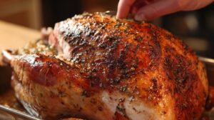 Close-up of a beautifully roasted turkey breast with golden-brown, herb-crusted skin being checked for doneness