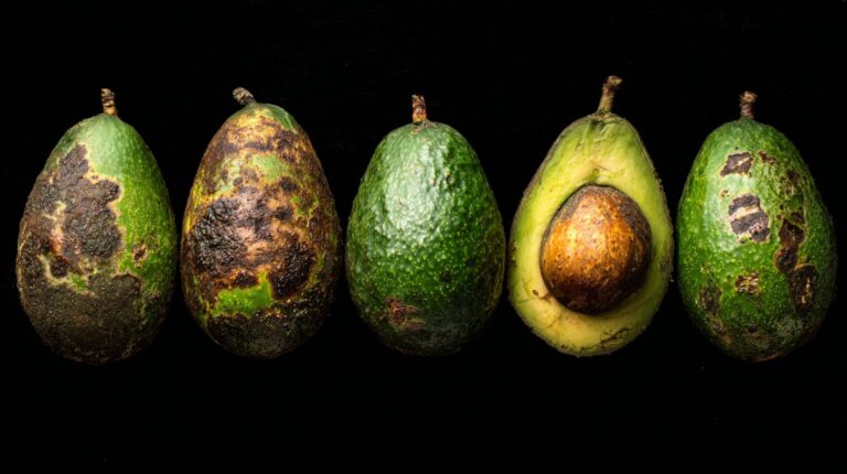 Five avocados on a black background, most with dark, rotting skin and one cut open to reveal spoiled flesh and pit