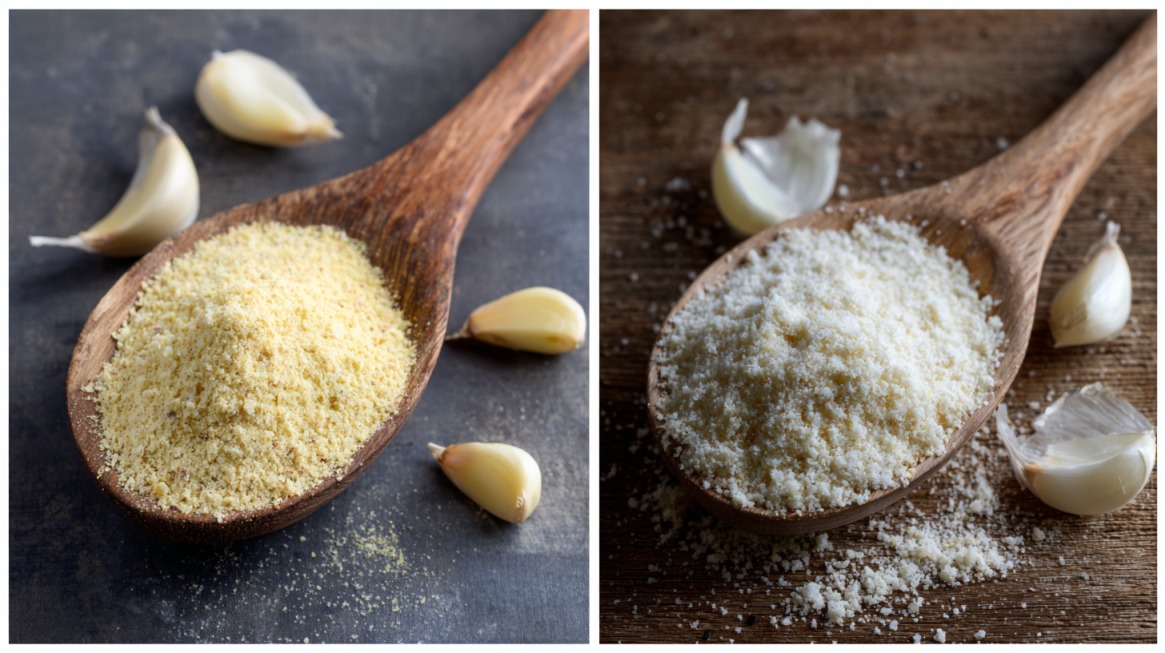 Two wooden spoons filled with garlic powder (left) and garlic salt (right), surrounded by garlic cloves on rustic surfaces
