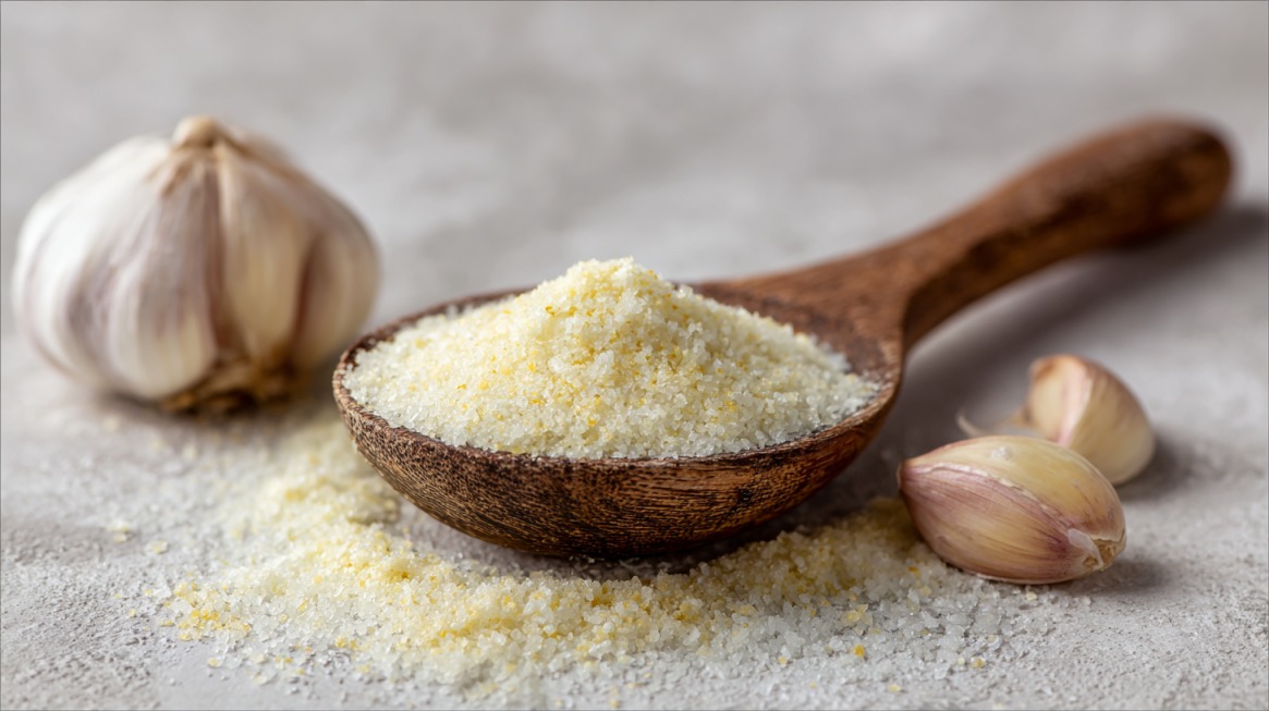 Garlic salt on a wooden spoon surrounded by garlic cloves and a garlic bulb on a light background