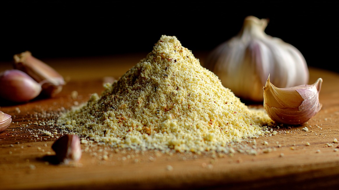 Pile of garlic powder on a wooden surface with garlic cloves and a bulb in the background