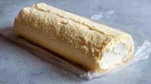 Unfinished pumpkin roll cake with cream cheese filling wrapped in plastic wrap on a countertop