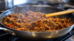 Ground beef and diced peppers browning in a skillet on the stove with a wooden spoon