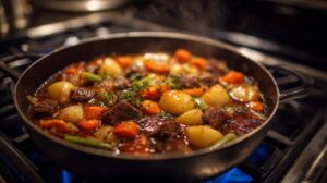 Pot of chili simmering on a stovetop, with chunks of beef, potatoes, carrots, and herbs
