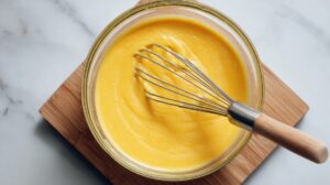 Glass bowl of bright yellow batter with a whisk on a wooden board, ready for baking