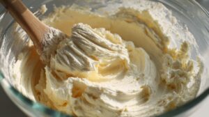 Glass bowl filled with thick cream cheese frosting being mixed with a wooden spatula