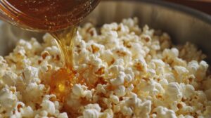 Golden syrup being poured over freshly popped popcorn in a metal bowl