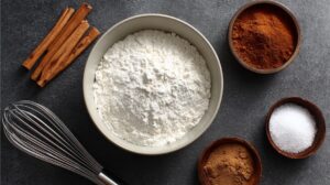 A bowl of flour surrounded by cinnamon sticks, ground cinnamon, ground nutmeg, and salt on a dark countertop with a metal whisk