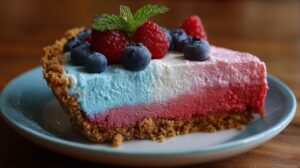 A slice of layered red, white, and blue Kool-Aid pie topped with blueberries, raspberries, and a mint sprig on a graham cracker crust