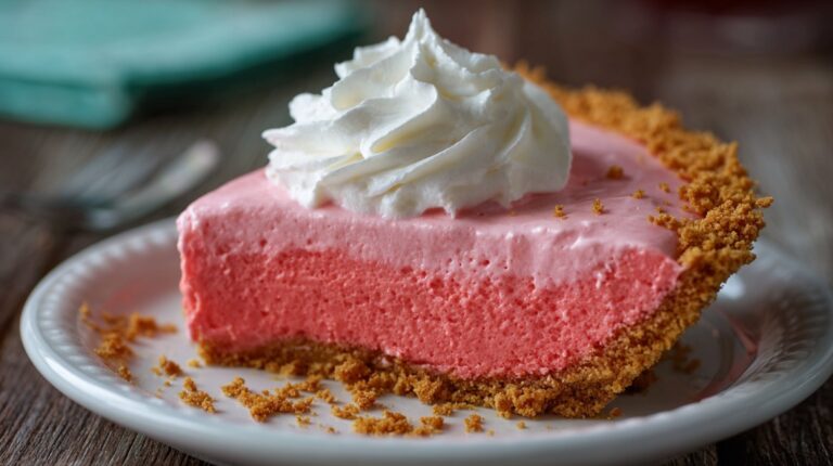 A slice of pink Kool-Aid pie with a graham cracker crust and whipped topping, served on a white plate