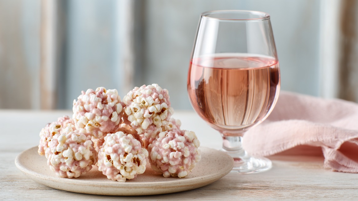 Plate of pink popcorn balls next to a glass of rosé-colored Moscato wine