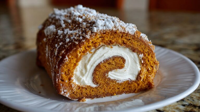 Pumpkin roll cake slice on a white plate, swirled with cream cheese filling and dusted with powdered sugar