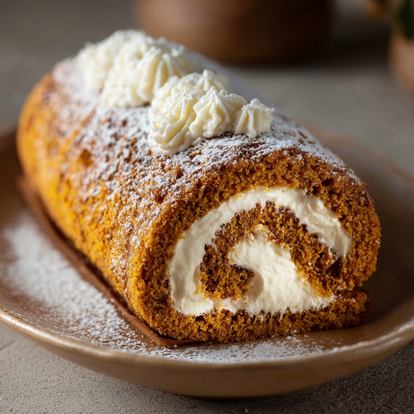 Close-up of a pumpkin roll cake dusted with powdered sugar and filled with cream cheese frosting