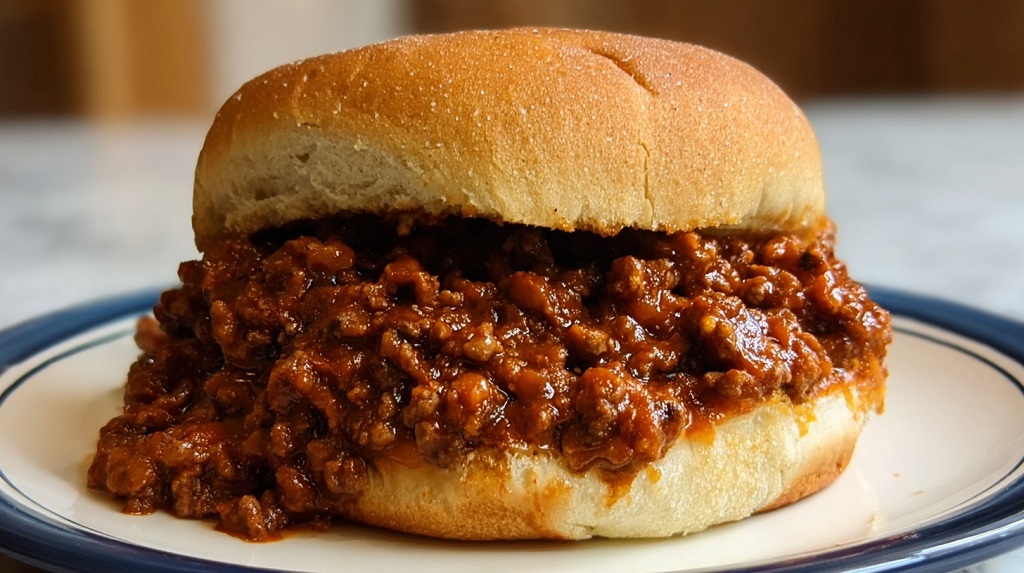 Sloppy Joe sandwich with seasoned ground beef on a hamburger bun