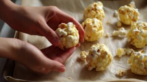 Hands forming popcorn into round balls on a parchment-lined tray