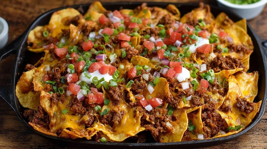 Sloppy Joe nachos topped with melted cheese, sour cream, and fresh toppings