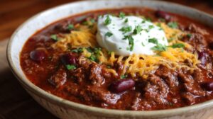 Bowl of slow-cooked chili with ground beef, kidney beans, shredded cheese, sour cream, and chopped herbs