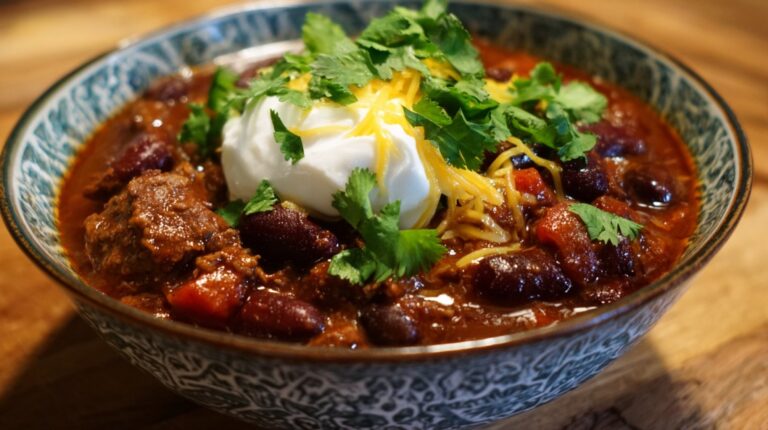 A bowl of thick chili with kidney beans, beef, and tomatoes, topped with sour cream, shredded cheese, and fresh cilantro