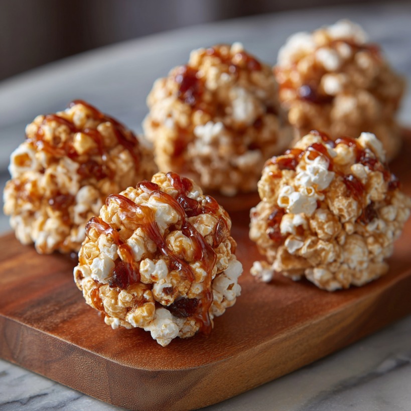 Close-up of caramel-drizzled popcorn balls on a wooden board