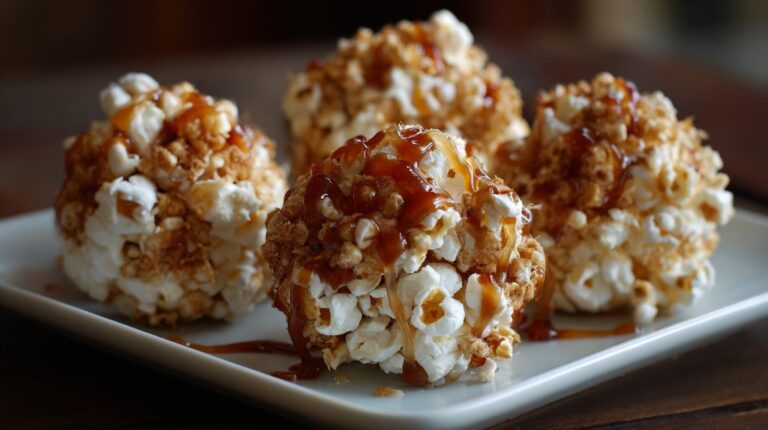 Close-up of caramel-drizzled popcorn balls served on a white plate