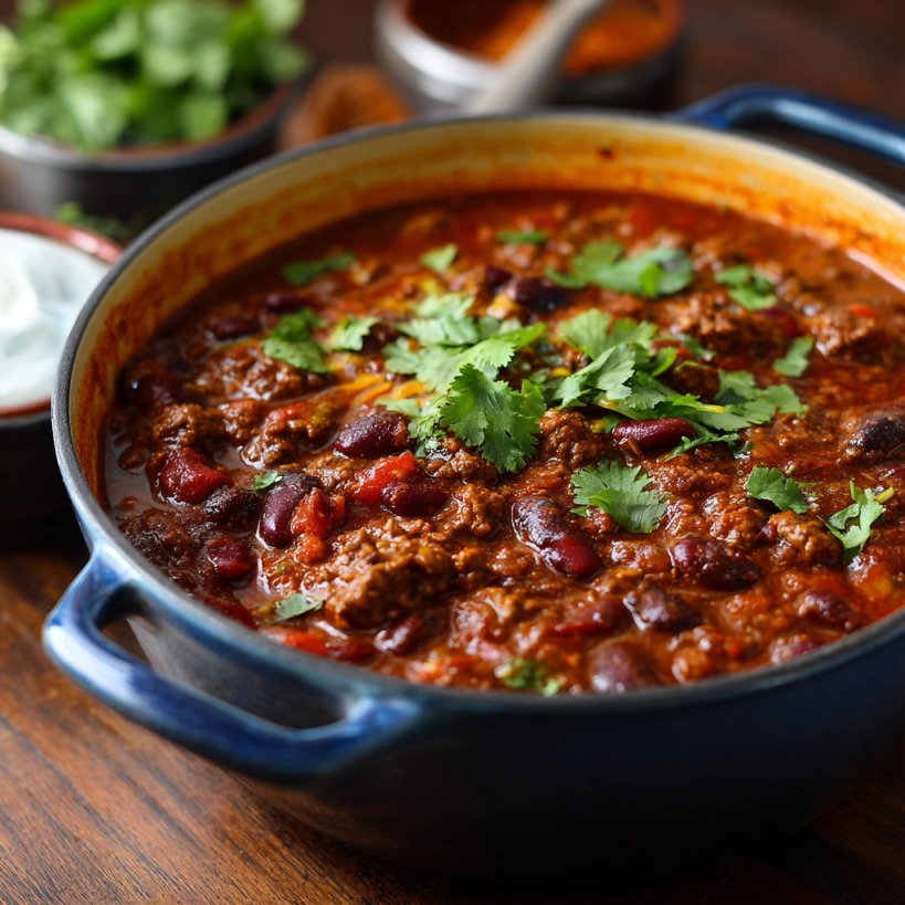 Close-up of a blue pot filled with thick, slow-cooked chili made with ground beef, kidney beans, tomatoes, and topped with fresh cilantro