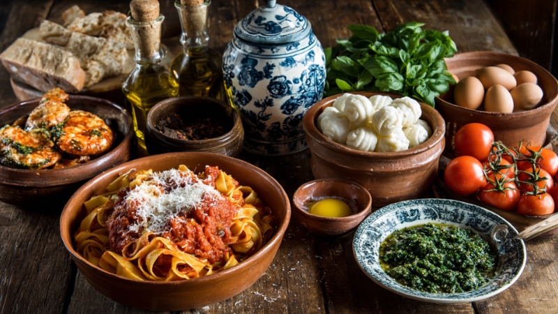 Tagliatelle with tomato sauce, mozzarella, pesto, bread, and fresh tomatoes on a rustic table