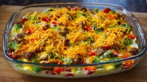 A glass baking dish filled with uncooked breakfast casserole layers of sausage, broccoli, red peppers, and shredded cheese