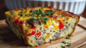 A close-up of a slice of baked breakfast casserole with sausage, eggs, cheese, peppers, and herbs on top, ready to serve