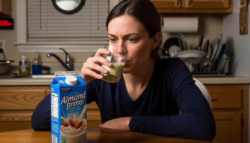 A woman sipping almond milk from a glass