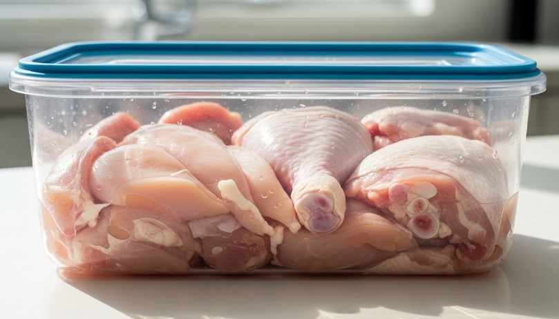 A clear storage container filled with fresh, raw chicken pieces