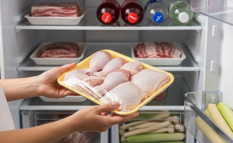 A person places a tray of raw chicken into a refrigerator