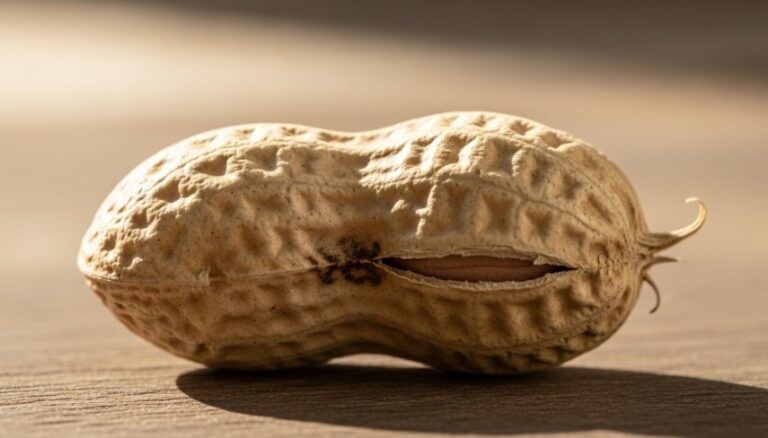 A single peanut rests on a wooden table