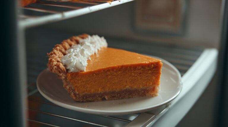 A slice of pumpkin pie with whipped cream on a plate stored inside a refrigerator