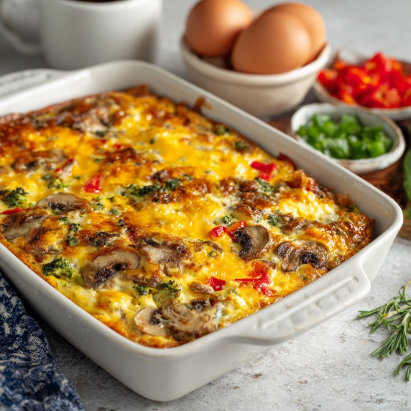 Baked breakfast casserole in a white dish, topped with melted cheese, mushrooms, broccoli, and red peppers, with fresh ingredients in the background