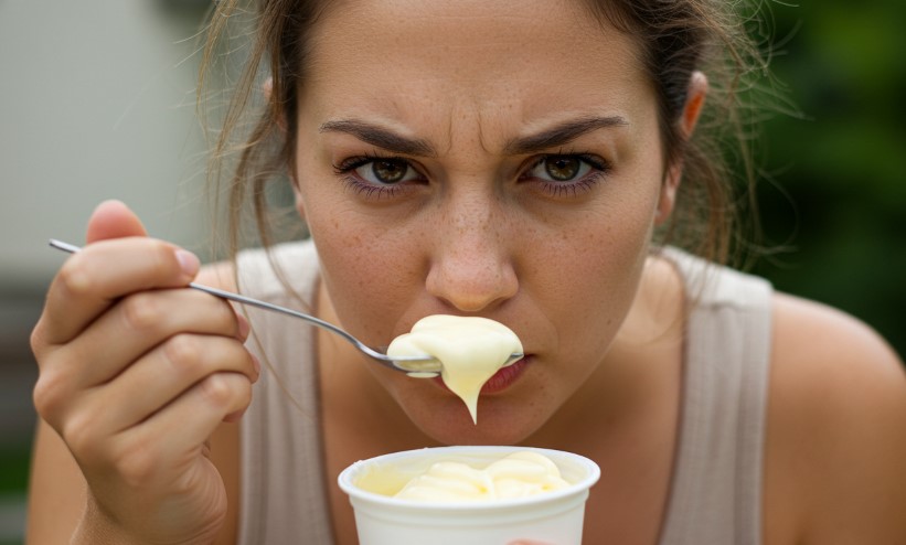 Woman testing if the mayonnaise is expired