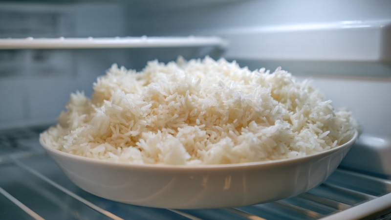 A bowl of cooked rice placed on a refrigerator shelf for safe storage