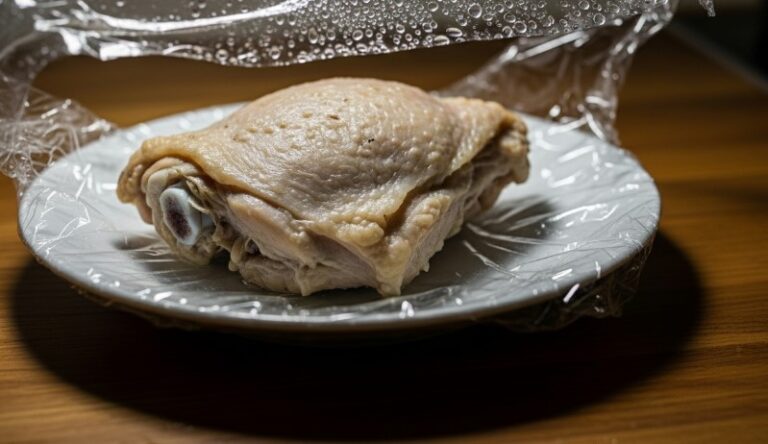A raw chicken thigh, skin on, rests on a plate covered with plastic wrap