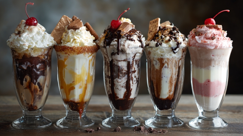 Tall milkshake glasses filled with cake shakes and dessert milkshakes topped with whipped cream, chocolate, cookies, and cherries