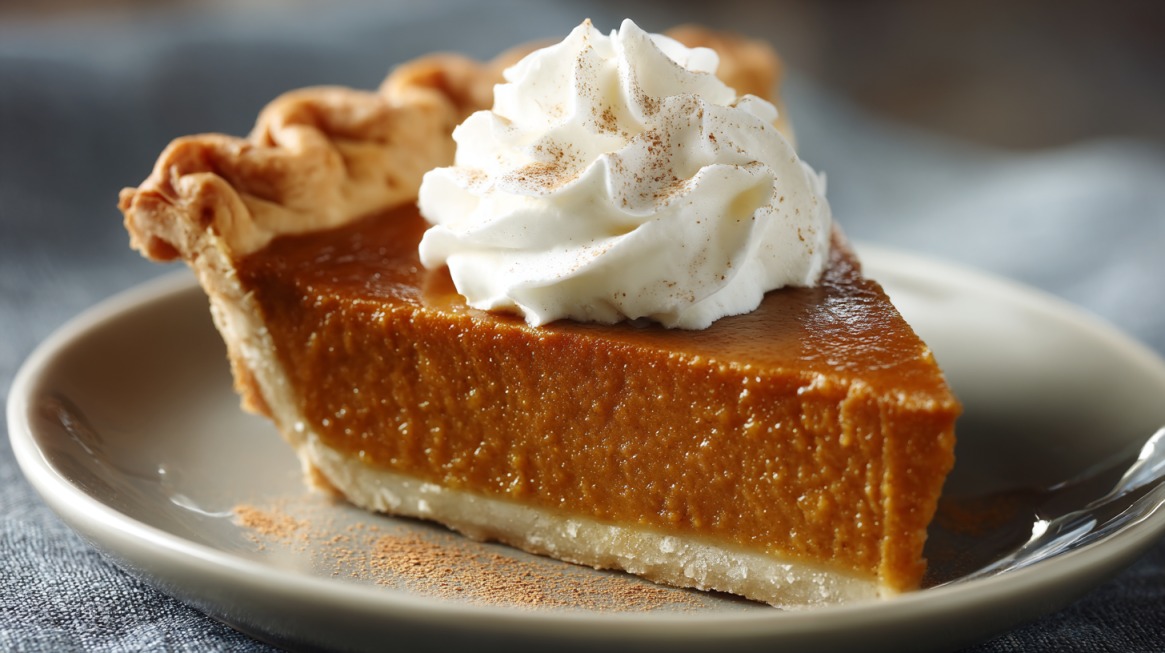 A slice of pumpkin pie topped with whipped cream on a plate