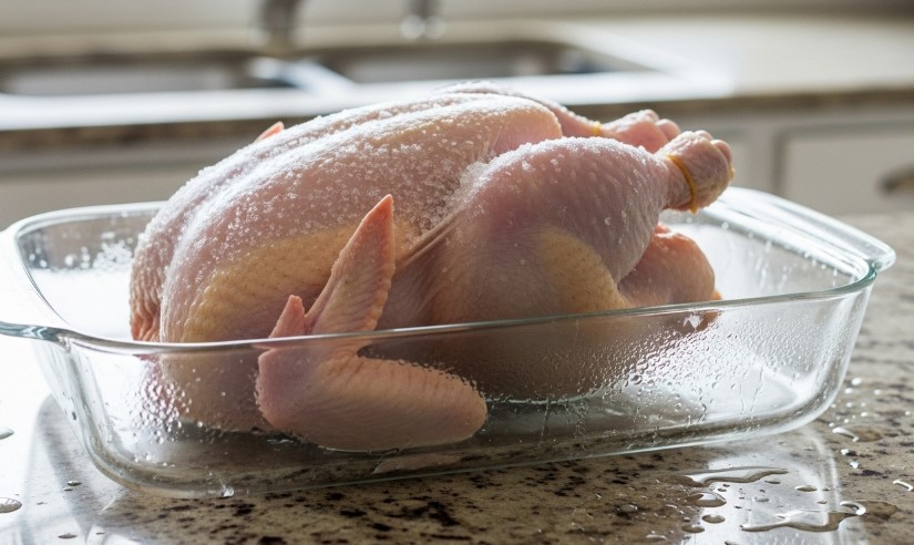 A chicken sits inside a glass container on a kitchen counter