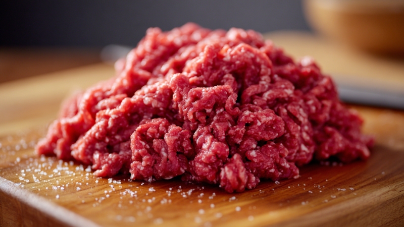 Fresh ground beef on a wooden board